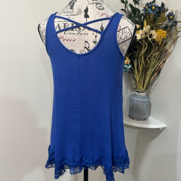 Hayden Girls Blue Asymmetrical Embellished ruffle trim Tank Top - Picture 4 of 8